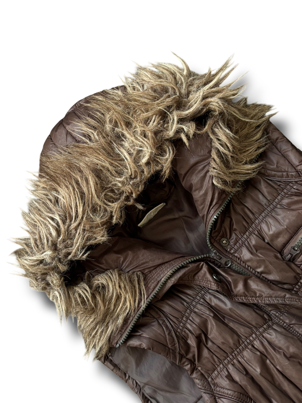 Y2K fur hood puffer vesta hnědá uni.