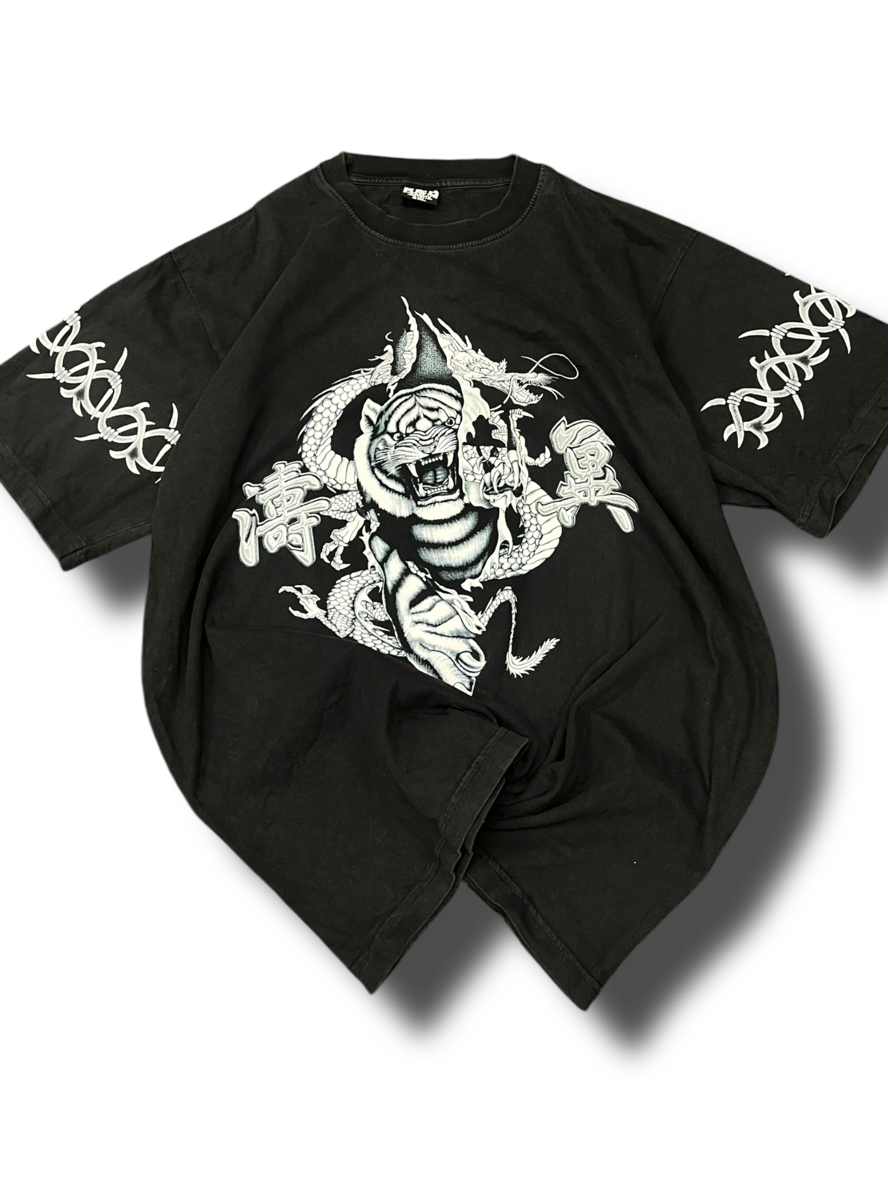 Vintage heavy black cotton 00s Y2K dragon tiger graphic double sided tribal triko