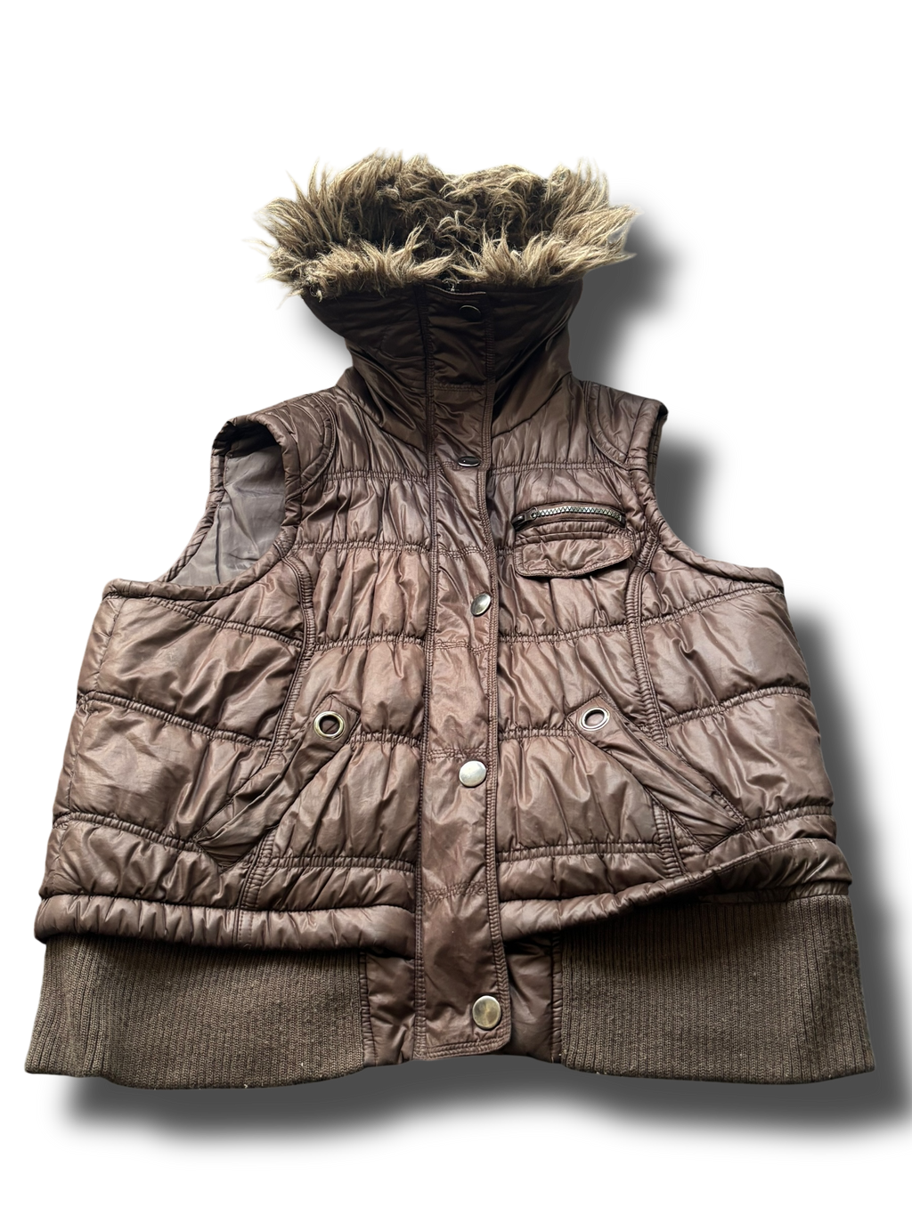 Y2K fur hood puffer vesta hnědá uni.