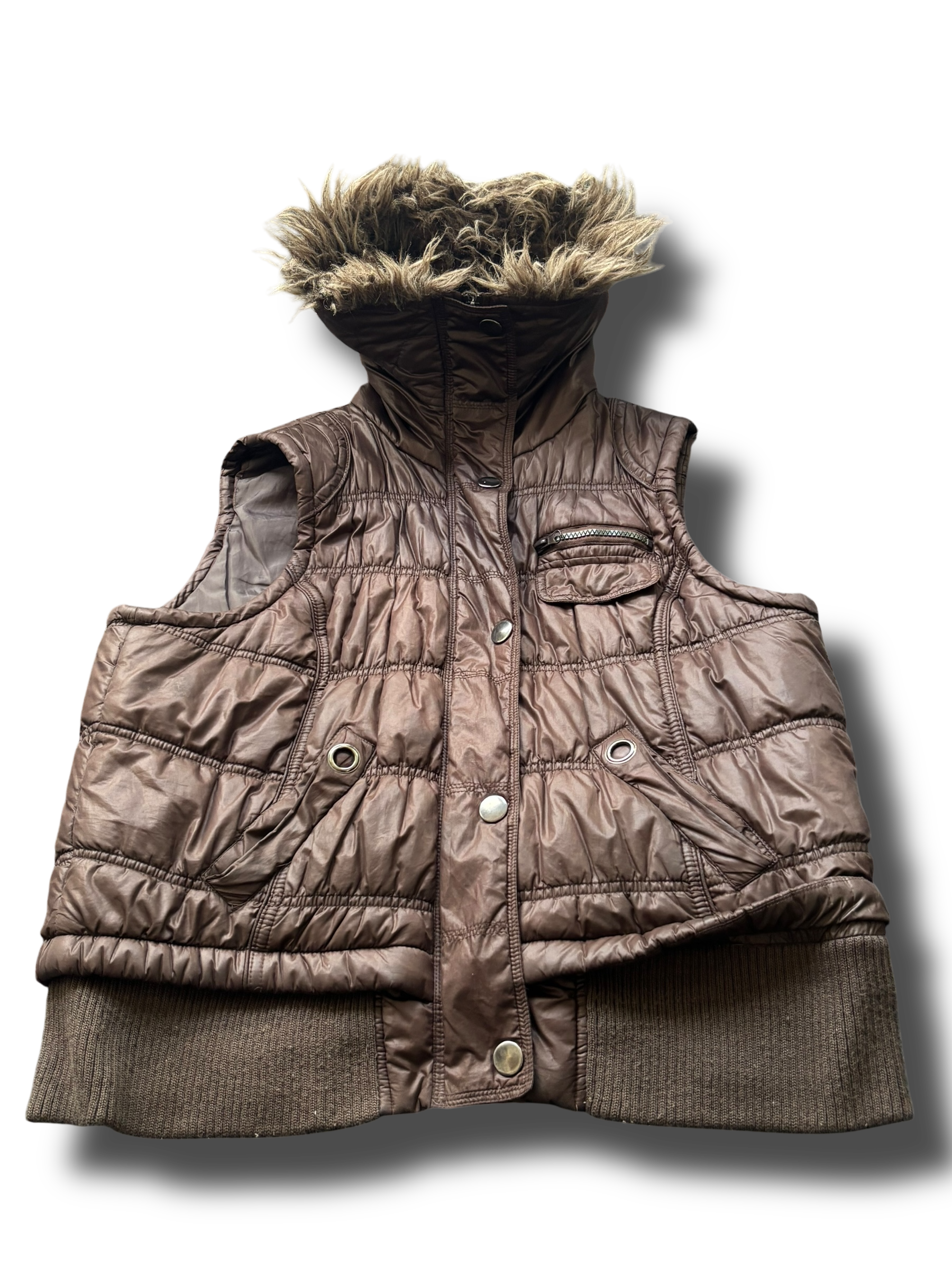 Y2K fur hood puffer vesta hnědá uni.