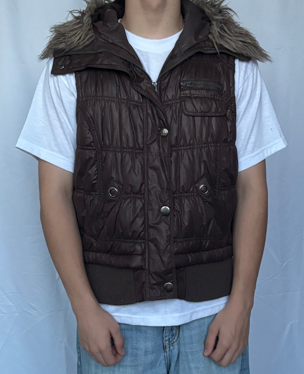 Y2K fur hood puffer vesta hnědá uni.