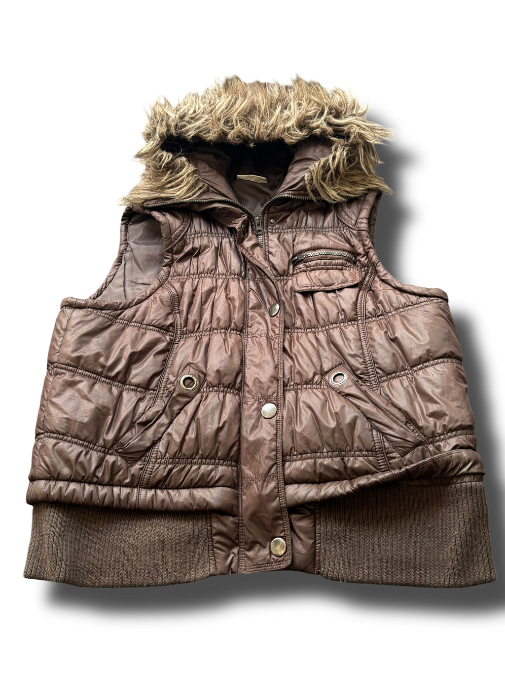 Y2K fur hood puffer vesta hnědá uni.
